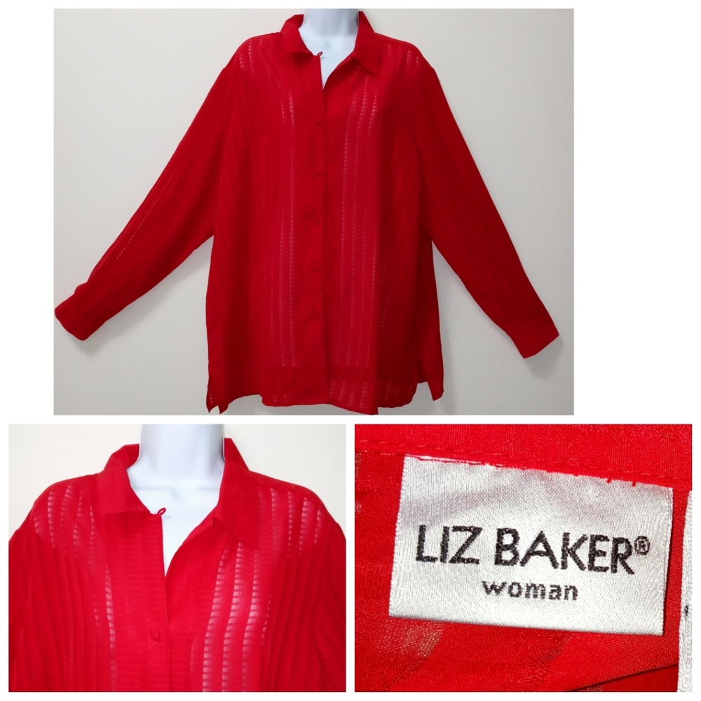 LIZ BAKER SHEER TOP BUTTONS UP LONG SLEEVE 100% POLYESTER RED PLUS SIZE 20W